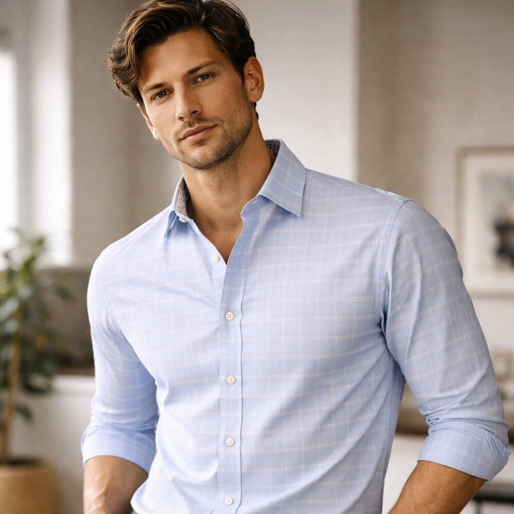 Bugatchi Blue Windowpane Button-Down Shirt Classi… - image 1